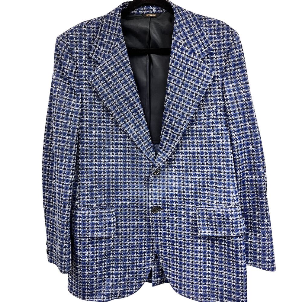 Men's 1970's Vintage polyester hounds tooth plaid blue gray black sport coat 40